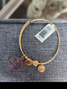 Alex And Ani Gold-Tone Charm Bangle Bracelet with Purple Enamel Charm